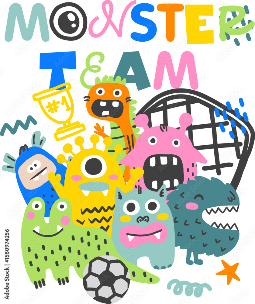 Obraz premium Print with monsters and soccer. Cute colorful monsters on dark backgrounds. Pattern for stationary, wear, kids, pajamas and other things.