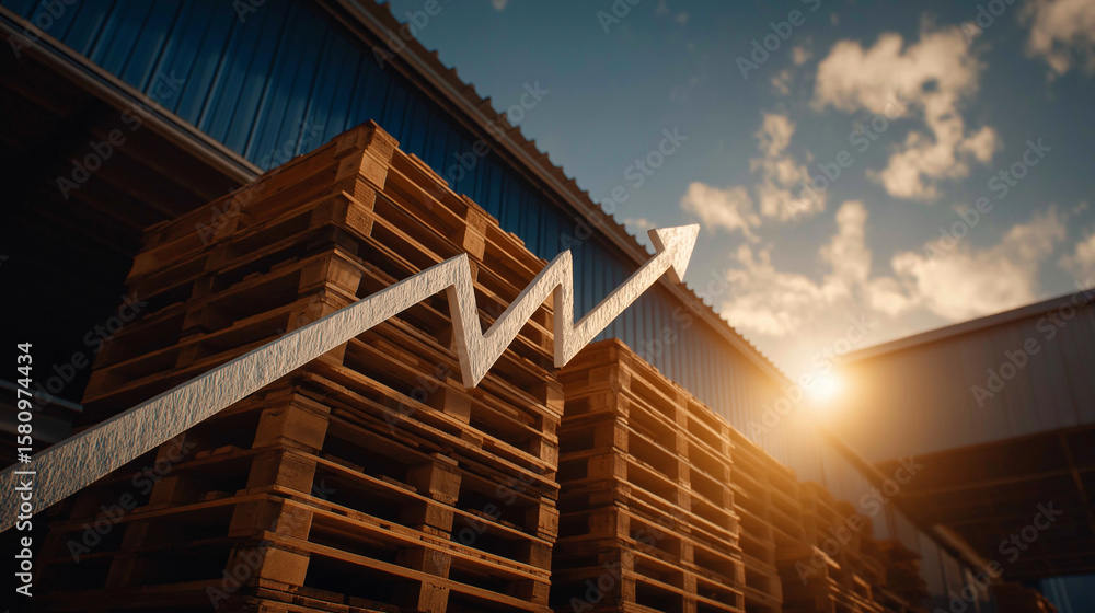 Obraz premium Warehouse Pallets and Growth Arrow: A dynamic composition showcasing a stack of wooden pallets outside a warehouse, the upward-pointing arrow illustrates growth, progress, and potential.