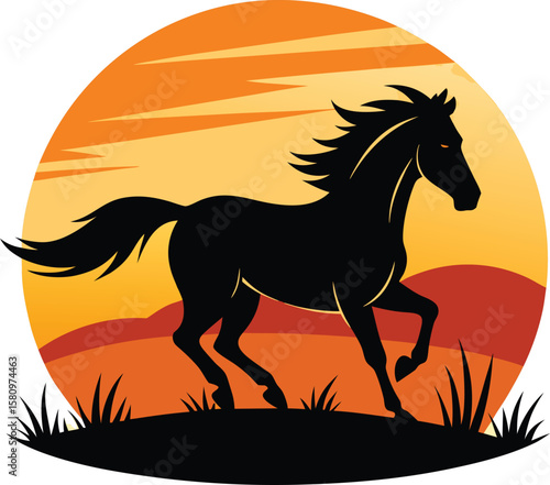 Wild mustang (horse) running in open plains, silhouette
