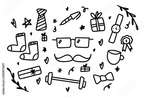 Hand drawn doodle icons – mustache, tie, socks, watch, mug, heart, ribbon, barbell, bow tie, gifts and cute sketch elements