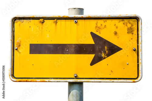 A rusty yellow directional sign with an arrow pointing right isolated on transparent background