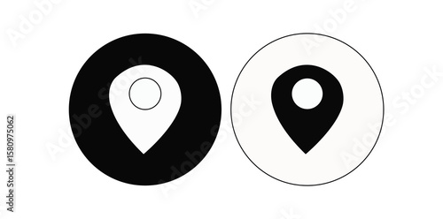 Black and white location pin icons in circles. Suitable for navigation and maps or geo-tagging for websites, apps, and marketing material.