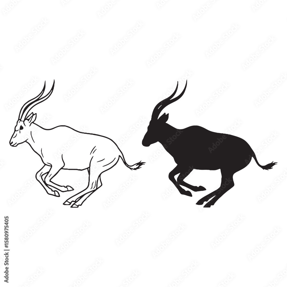 Obraz premium Expressing Desert Elegance - Addax Figure Pairing - Sleek Silhouette and Defined Lineart - Addax silhouette - Addax lineart - Addax vector - silhouette & lineart of Addax