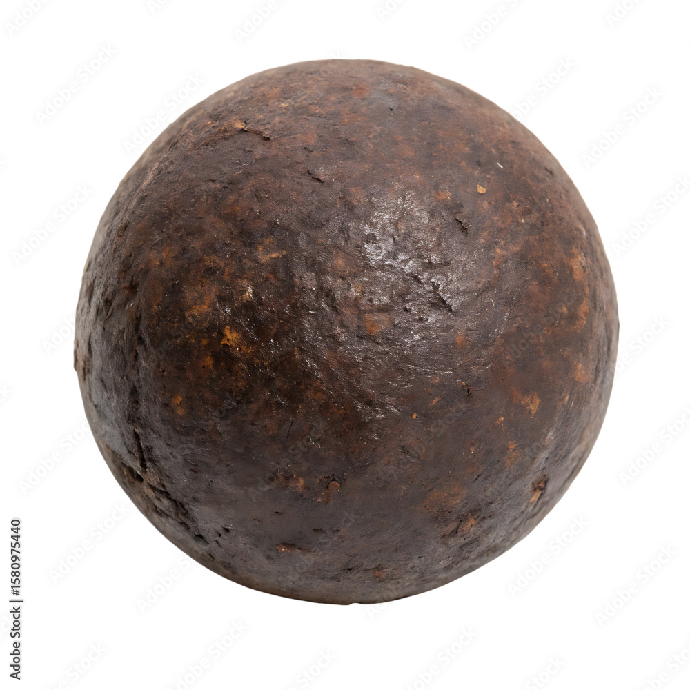 Fototapeta premium A single old, heavy, black iron cannonball from a historic naval cannon isolated on a transparent background png