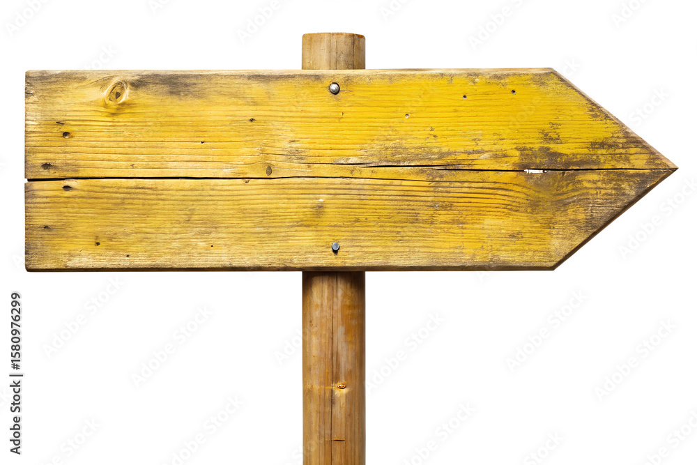 Fototapeta premium A weathered yellow wooden arrow sign pointing right isolated on transparent background