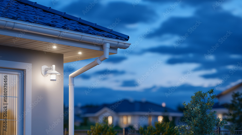 Obraz premium Modern suburban house corner shows layered exterior with advanced thermal insulation materials, clean white drainpipe, and LED security lighting against dusk sky, emphasizing eco-f