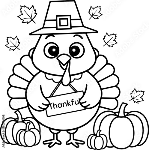 Thanksgiving turkey coloring page, Black and white outline coloring book or page for children, ready to print	
