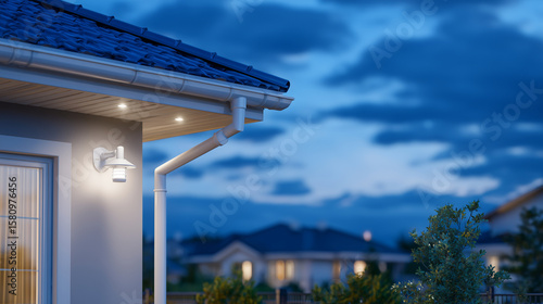 Wallpaper Mural Modern suburban house corner shows layered exterior with advanced thermal insulation materials, clean white drainpipe, and LED security lighting against dusk sky, emphasizing eco-f Torontodigital.ca