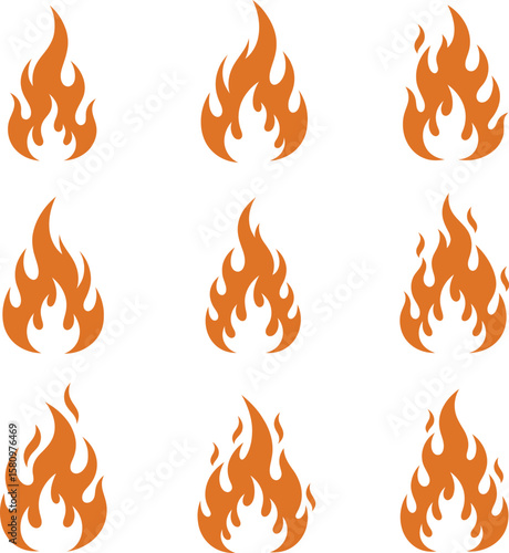 Set of vibrant fire and flame icons in vector style showing burning heat and warm bonfire elements