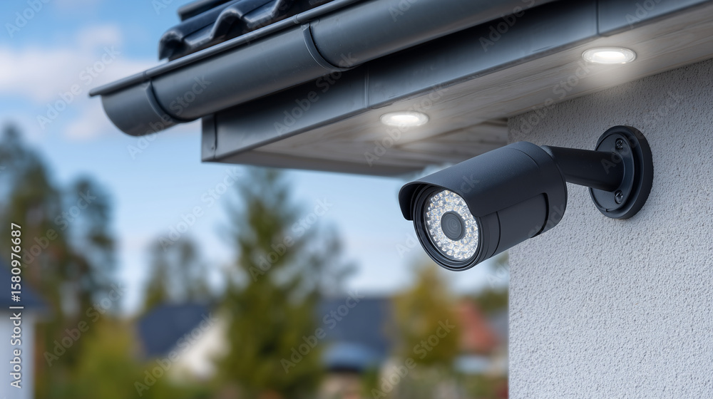 Obraz premium Close focus on modern drainpipe attached to insulated home roof corner, LED security floodlight above, smooth facade surfaces demonstrating effective thermal barrier system