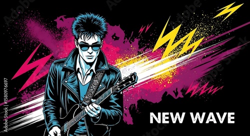 Wallpaper Mural A stylized illustration of a musician playing guitar, set against a vibrant, graphic backdrop, promoting the New Wave music genre. Torontodigital.ca