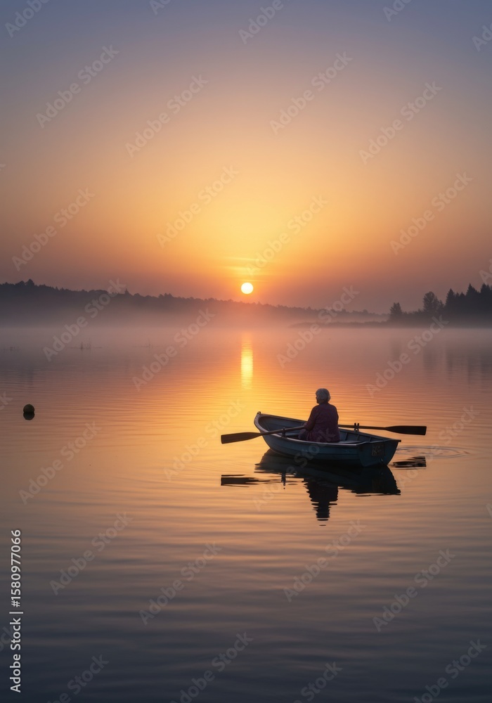 Person Rowing a Boat on a Misty Lake at Sunrise Person Rowing a Boat on a Misty Lake at Sunrise