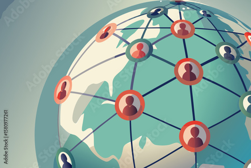 Global Network Concept Illustration: Connecting People Across Continents with Social Media