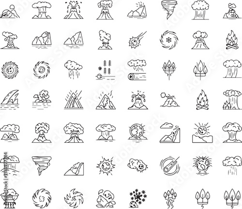 Natural Disaster Icon Set – Black and White Line Illustrations of Volcanoes, Tornadoes, Earthquakes, Floods, and Catastrophic Events