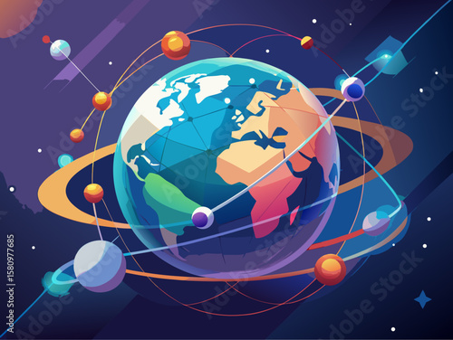 Abstract Planetary Orbit Illustration Featuring Earth Surrounded by Colorful Rings and Celestial Objects in Space