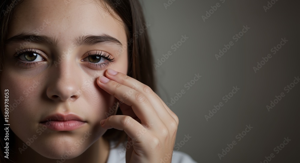 Young girl touching her face with a serious expression indoors Young girl touching her face with a serious expression indoors