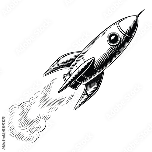 Retro Rocket Launching with Smoke Trail in Black and White