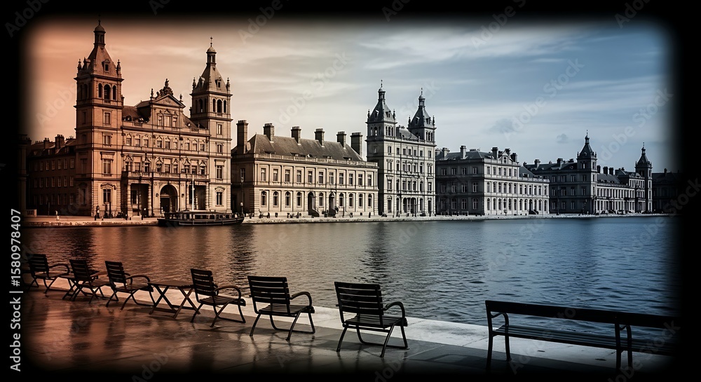 Obraz premium A waterfront scene showcasing a grand, historic building complex with chairs.