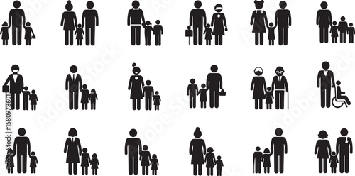 Family Structure Icon Set – Diverse Compositions Including Couples, Single Parents, Children, Elderly, and Disability Representation