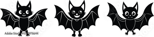 Cute Bat Silhouette Vector Set for Halloween Designs. 