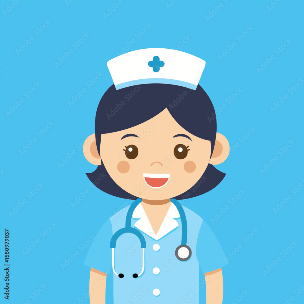 Friendly cartoon nurse with stethoscope and cap smiling against a solid blue background Friendly cartoon nurse with stethoscope and cap smiling against a solid blue background