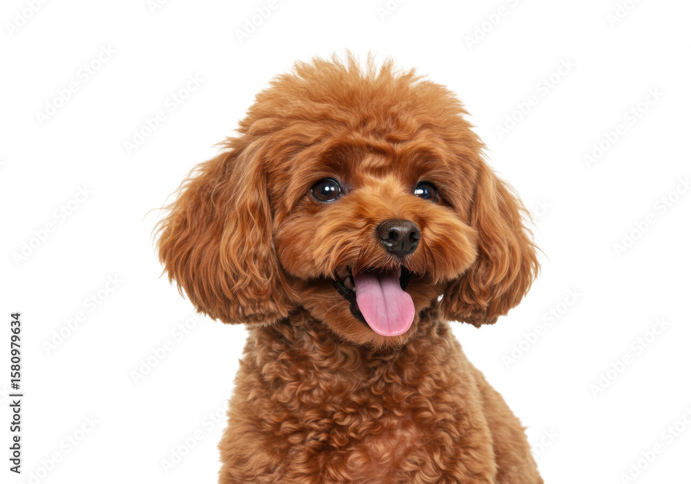 A youthful, vibrant brown toy poodle, meticulously groomed with fluffy fur and a playfully extended pink tongue, captured in a close-up 3/4 view studio portrait against a clean white cyclorama A youthful, vibrant brown toy poodle, meticulously groomed with fluffy fur and a playfully extended pink tongue, captured in a close-up 3/4 view studio portrait against a clean white cyclorama