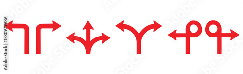 Road arrow icon, Road selection concept, Direction sign, red arrow symbol, isolated on white background, Vector illustration.

