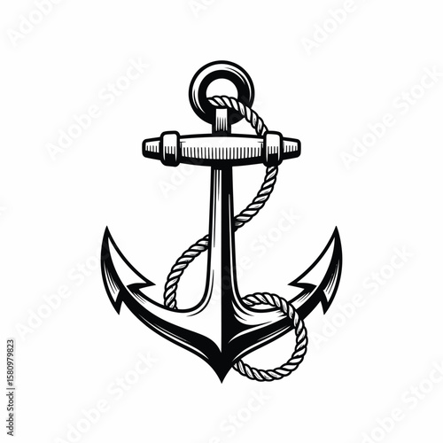 Vintage Style Anchor with Rope Illustration in Black and White