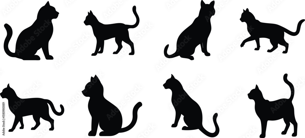 Fototapeta premium Black Cat Silhouettes in Multiple Poses Vector Set. 