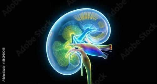 Human kidney anatomy illustration in colorful 3D rendering  