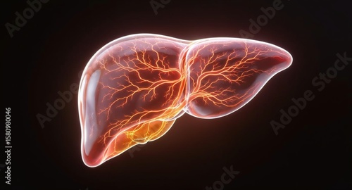 Human liver anatomy with detailed vascular structure on black background  