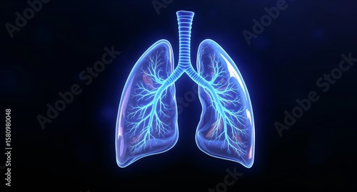 Human lungs illustrated with blue glowing structure on dark background  