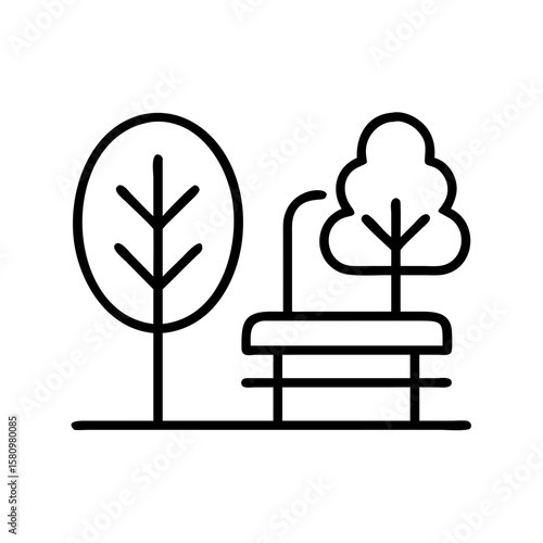 Outline park bench trees vector illustration for park landscape design and relaxation area concept