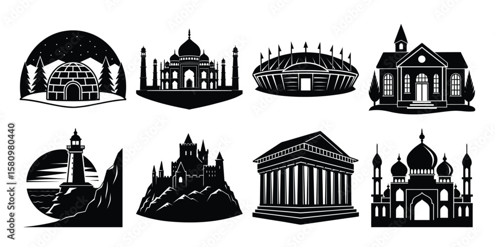 Fototapeta premium Silhouettes of various buildings and structures on a white background