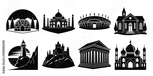 Silhouettes of various buildings and structures on a white background