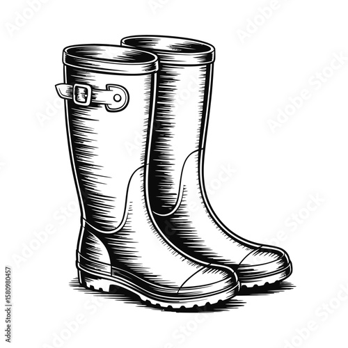 Engraved Illustration of Rubber Boots for Gardening or Outdoor Activities