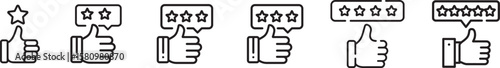 Set of five thumbs up icons with increasing number of stars indicating customer satisfaction and rating isolated on transparent background