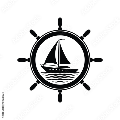Sailing ship in a ship s wheel black and white vector illustration