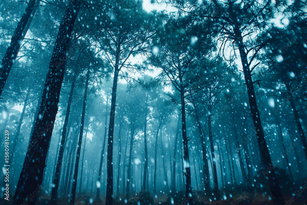 Fototapeta premium 霧深い森の小道：神秘的な青と緑の風景、静寂の森：夜明け前の森に差し込む光