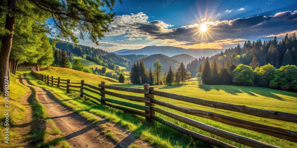 Obraz premium Serene Sunset Over Rolling Hills and Lush Green Pastures with a Rustic Wooden Fence and a Dirt Path