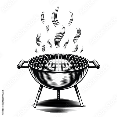 Vintage Style Black and White Illustration of a BBQ Grill