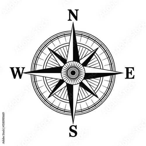 Black and white compass rose illustration with cardinal directions