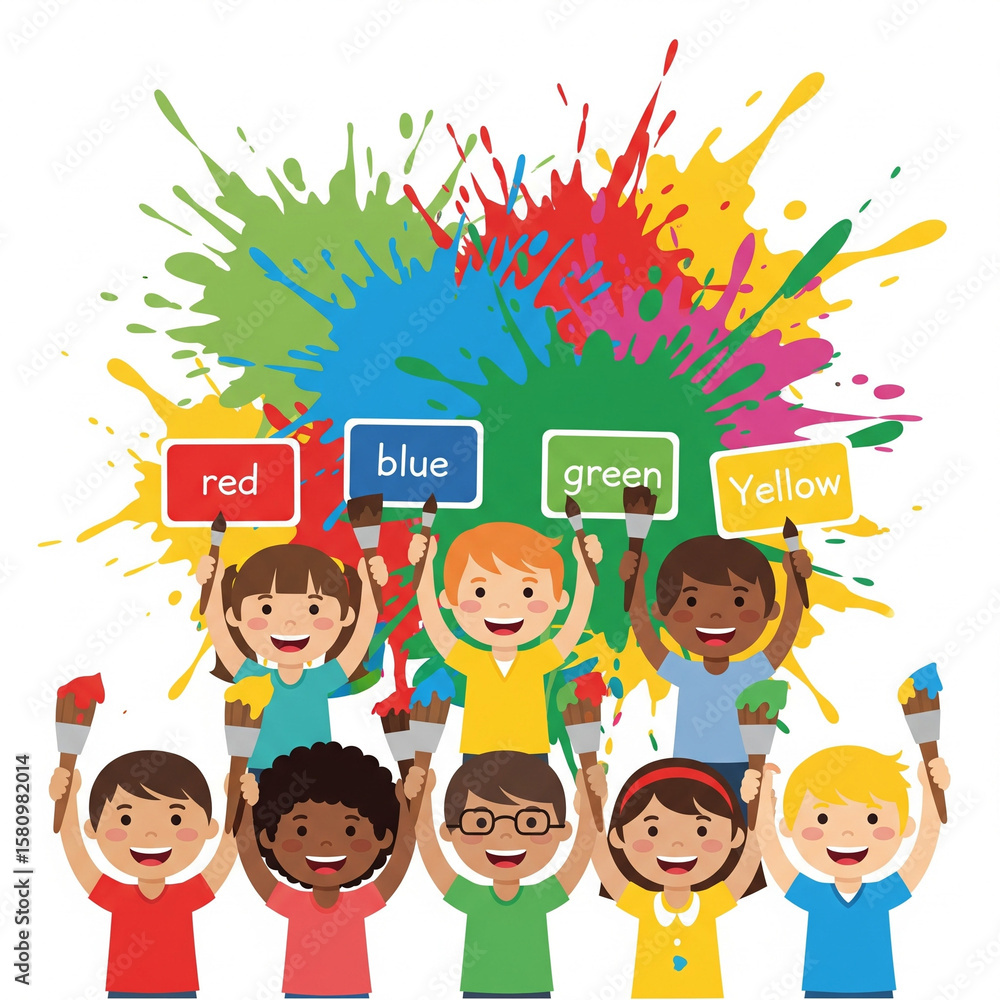 Fototapeta premium Children learning colors with paint and color cards 