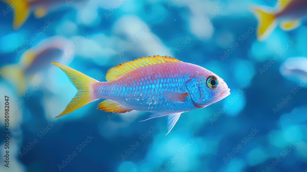 Naklejka premium Vibrant Freshwater Fish Swimming Among Colorful Aquatic Environment in Clear Blue Water with Bubbles and Stunning Background Effects