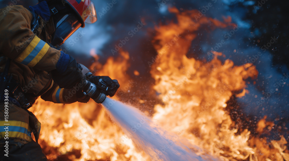 Naklejka premium Close-up action shot of firefighterâs hands gripping fire extinguisher nozzle, spraying foam toward fierce flames, smoke billows behind, safety helmets visible, rigorous fire safet