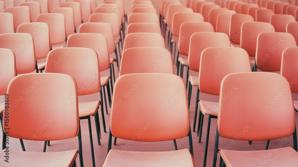 Obraz premium Rows of empty coral pink chairs in an auditorium or conference hall.