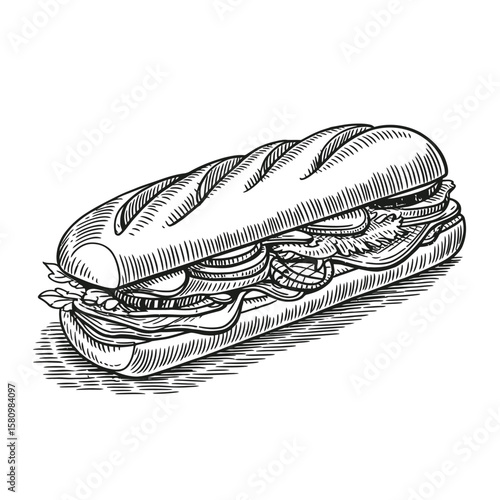Engraved Style Illustration of a Long Sandwich with Meat and Vegetables
