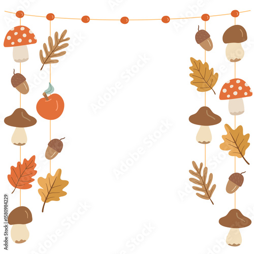 Vertical autumn garland frame with mushrooms, acorns, leaves, and apples. Ideal for seasonal invitations, party decorations and printable designs.