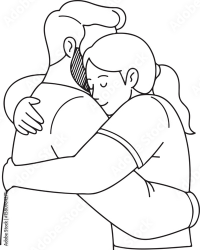 A vector illustration of two people in a heartfelt embrace showing comfort understanding and emotional closeness in outline.
