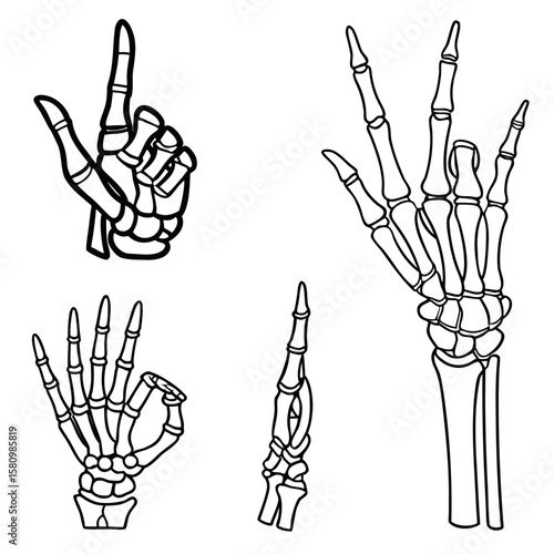 Four skeletal hands in different gestures against a white background in a black and white illustration